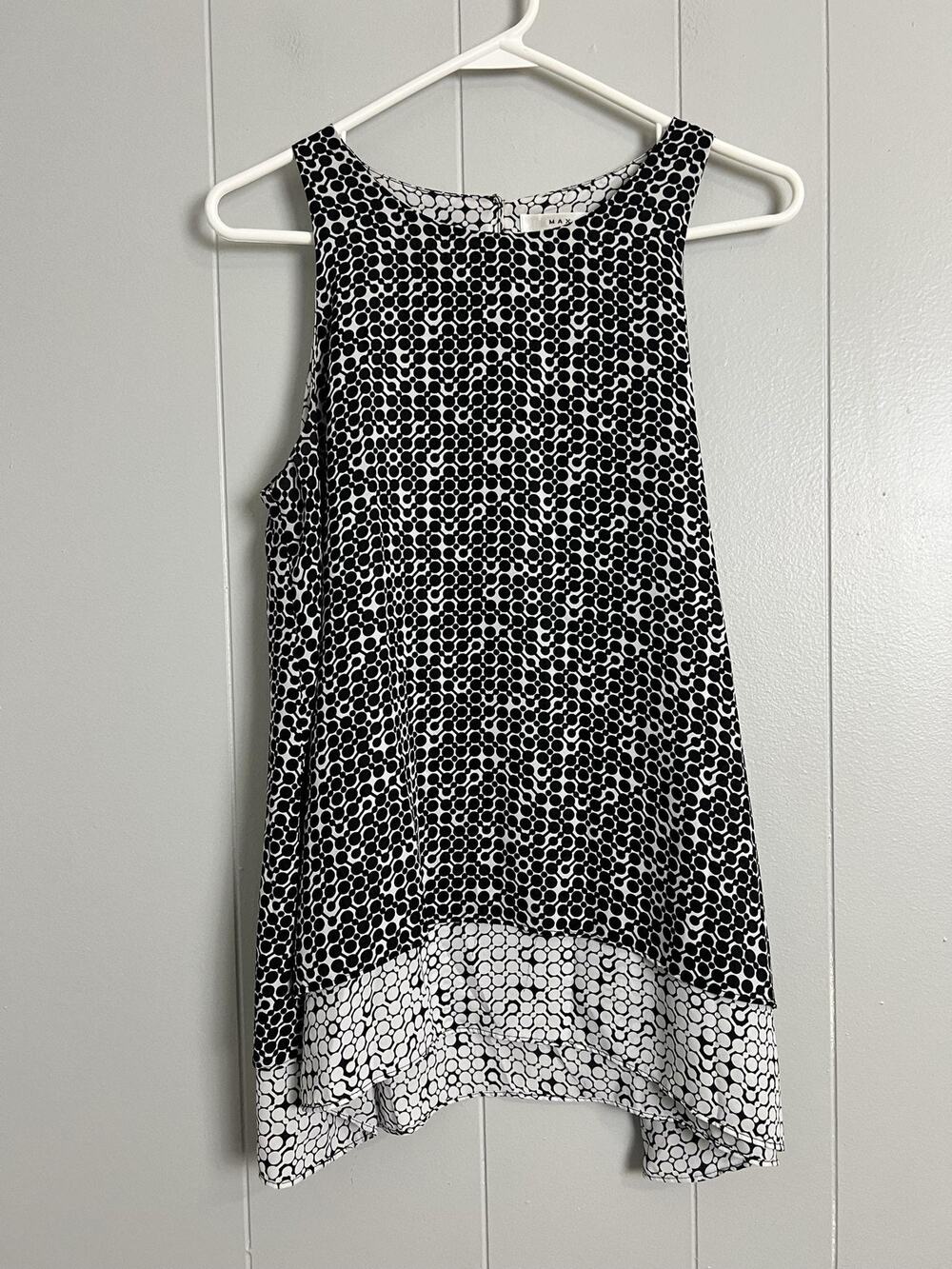 Max Studio Tunic Blouse Womens Small Black White Geometric Sleeveless High Low